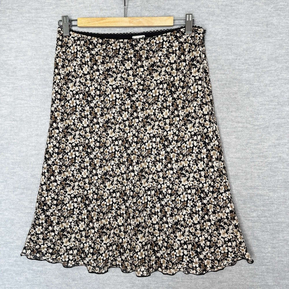 Y2K Bias Cut Floral Skirt Sz 8 Lettuce Edge 90s Black Indie Fairy Brown Forrest